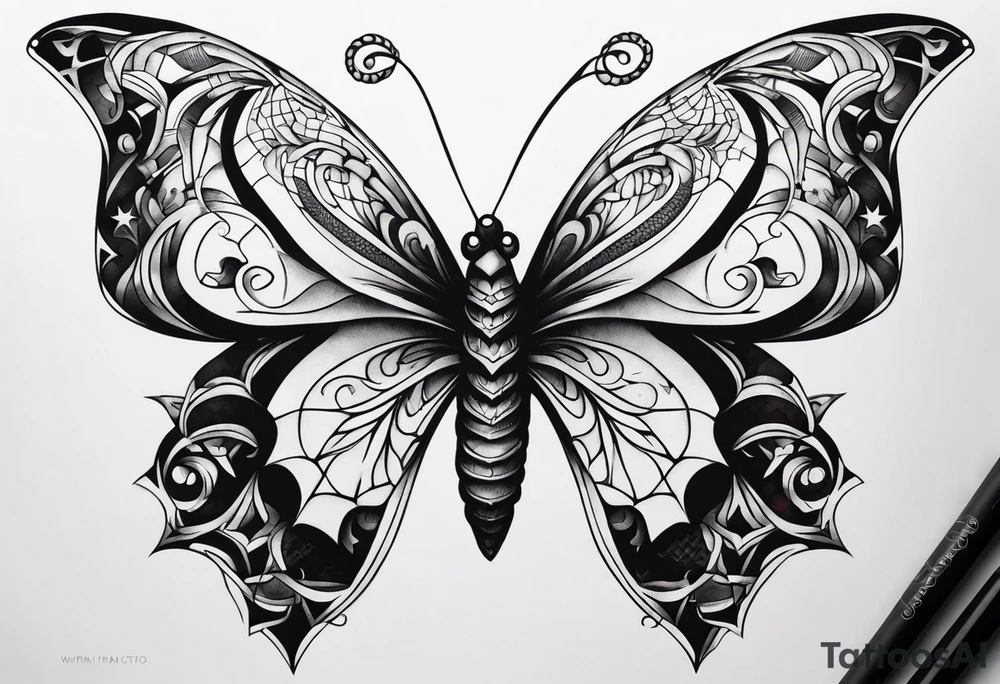 Tête de serpent papillon tattoo idea