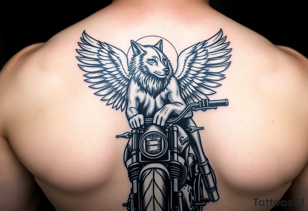 guardian angel wolf on a motorcycle tattoo idea
