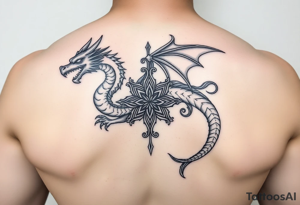Masculine but beautiful and graceful dragon with a fancy celtic star and abstract filigree and knotwork tattoo idea