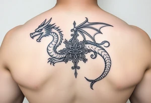 Masculine but beautiful and graceful dragon with a fancy celtic star and abstract filigree and knotwork tattoo idea