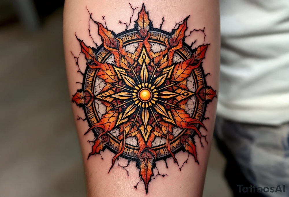 Slavic Sun Wheel – A radiant wheel in fiery tones of orange and red, with radial rays edged in black, backed by cracked stone or parchment. tattoo idea