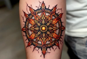 Slavic Sun Wheel – A radiant wheel in fiery tones of orange and red, with radial rays edged in black, backed by cracked stone or parchment. tattoo idea