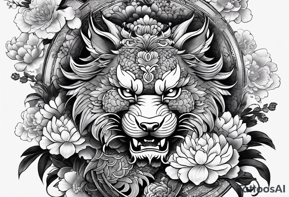 black and white sleeve, hanya mask on the shoulder, foo dog on the forearm, dragon through all length of the arm, small elements like coins, flowers tattoo idea