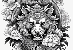 black and white sleeve, hanya mask on the shoulder, foo dog on the forearm, dragon through all length of the arm, small elements like coins, flowers tattoo idea