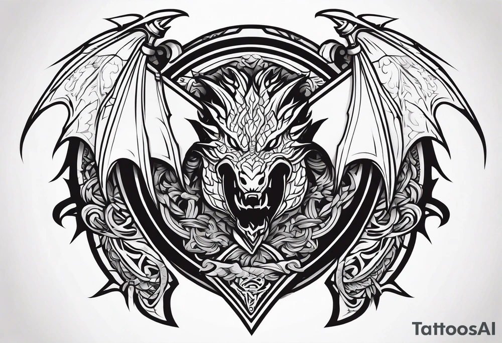 Valhalla sword shield dragon head axe tattoo idea