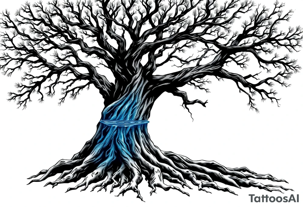 Black and white Tree with roots. Blue water inside the whole tree like many thin veins tattoo idea