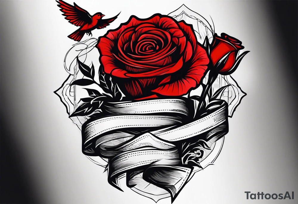 Put Be strong And courageous Do be afraid;  Do not be discouraged  for the lord your god will be with you whenever you go Joshua 1:9 and For god so loved the world that he gave his one and only son that whoever believes in him shall not perish but have eternal. With a red rose and a red cardinal make a sleeve tattoo idea