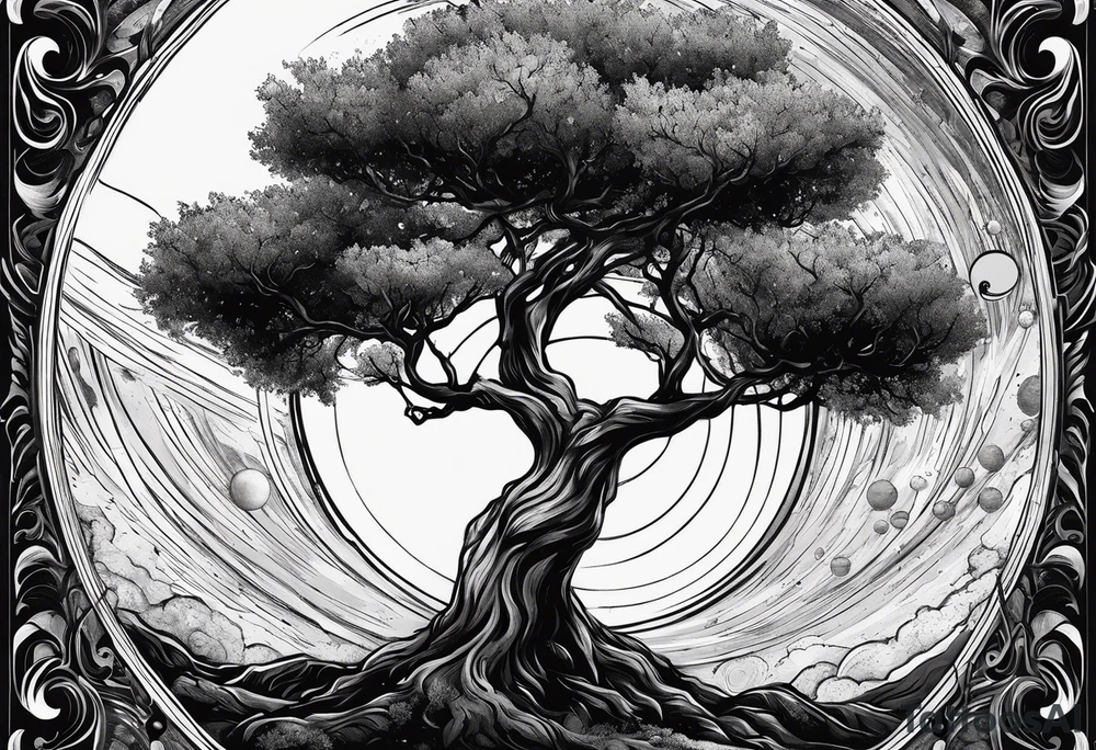 An olive tree in a black hole  with a small Saturn-like planet in in the background. tattoo idea