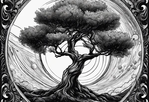 An olive tree in a black hole  with a small Saturn-like planet in in the background. tattoo idea