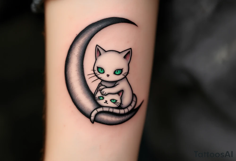 Tim Burton’s ghost and stitched cat glows faintly white with sunken green eyes, curled on a black crescent moon. tattoo idea