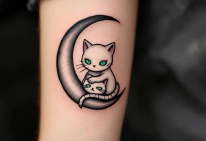 Tim Burton’s ghost and stitched cat glows faintly white with sunken green eyes, curled on a black crescent moon. tattoo idea