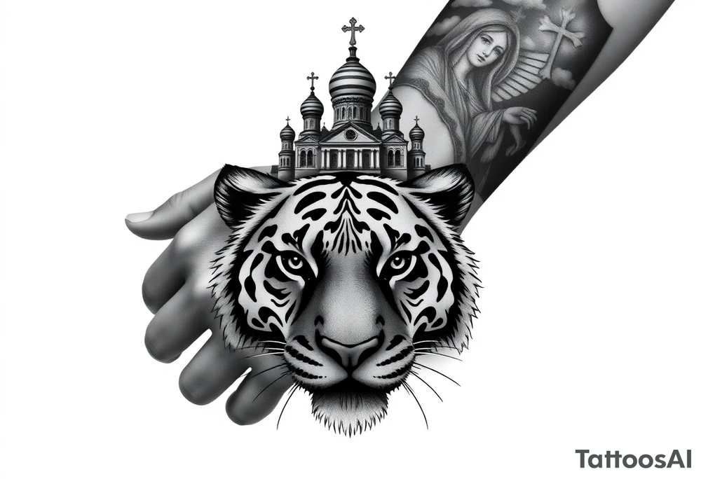 Realistic tiger face on the back of the hand with its eyes ALL black and no pupils, sitting beneath a Russian Orthodox cathedral sitting above on the top fore arm with onion domes and orthodox crosses. with clouds above and a virgin mary tattoo idea