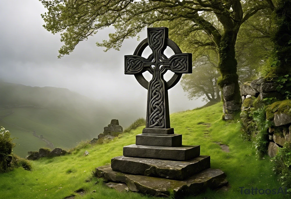 A stone Celtic cross standing tall against the backdrop of a misty, overgrown hillside. The cross is fashioned from weathered gray stone, its arms intricately carved with intertwining knots and spirals that evoke the artistry of ancient Celtic craftsmanship. At the intersection of the arms, a large, flat stone serves as the base, adorned with a carving of a knotwork circle. Perched atop the outermost arm of the cross is a raven, its ebony feathers shining in the soft, diffused light. The bird's head is tilted slightly to the side, its beady eyes fixed on something in the distance, as if lost in thought or contemplation. The surroundings are quiet and serene, with a light breeze rustling through the wild grass and the distant calls of unseen birds. The Celtic cross stands as a testament to the enduring spirit of the Celts, its presence echoing through the centuries, its story waiting to be told. tattoo idea