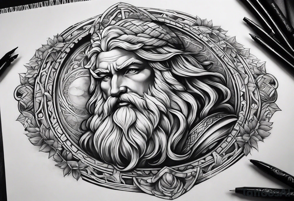 I want you to design a full slavee tattoo with ancient Greek gods design in black and gray tones tattoo idea