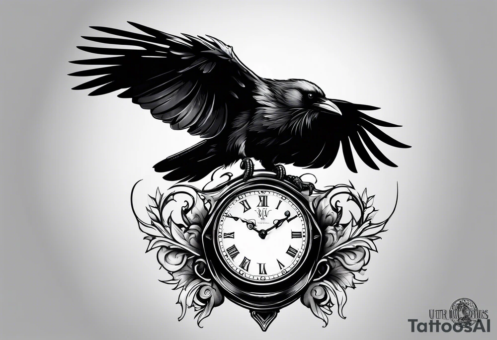 raven perched on clock tattoo idea