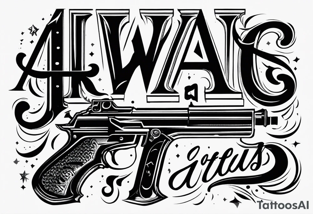 The letters AR with a pistol on each side and the word always on the top and ready on the bottom tattoo idea
