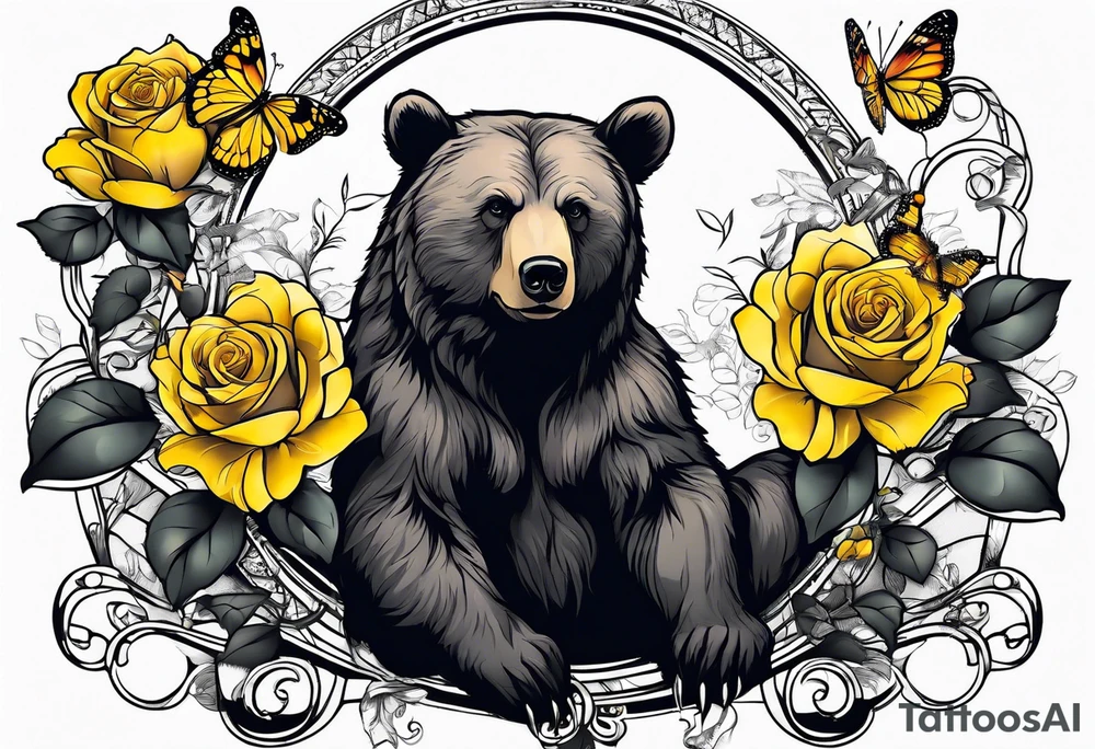 Bear under the tree of life with yellow roses and three butterflies for an upper arm tattoo. tattoo idea