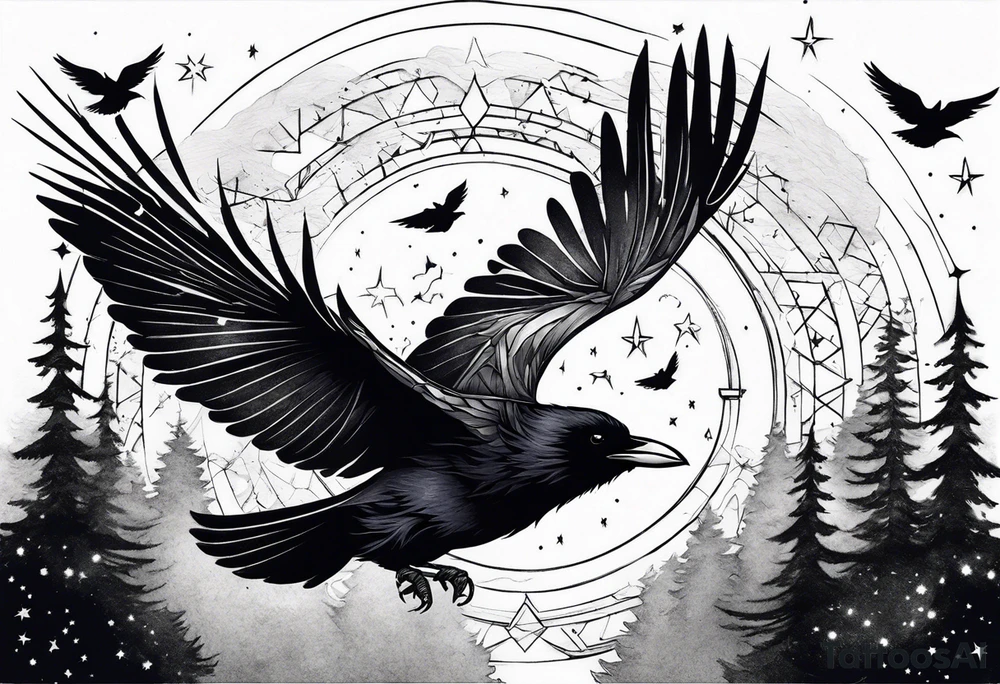 Raven flying, in battle, knowing, light behind its eyes, ethereal, stars and trees in the background tattoo idea