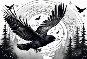 Raven flying, in battle, knowing, light behind its eyes, ethereal, stars and trees in the background tattoo idea