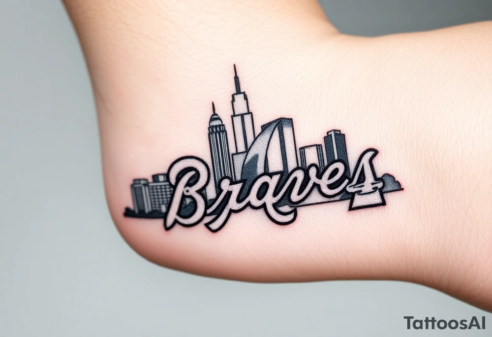 3D layered Atlanta skyline with Atlanta Braves letter logo tattoo idea