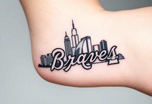3D layered Atlanta skyline with Atlanta Braves letter logo tattoo idea