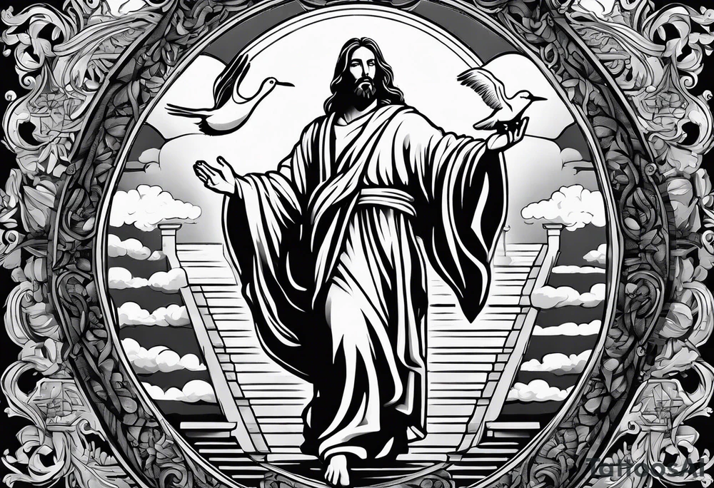 Jesus standing on a flight of stairs with clouds, sunshine and a dove in the background on the upper arm tattoo idea