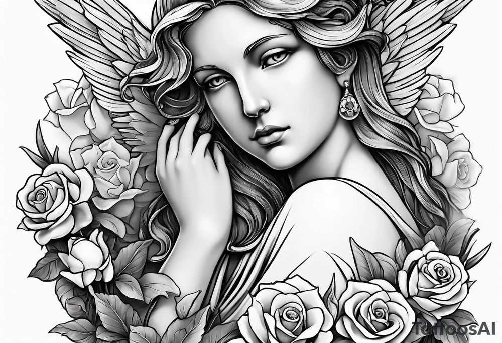 Angel statue stood on a rock with daffodils and roses wrapped around its legs tattoo idea