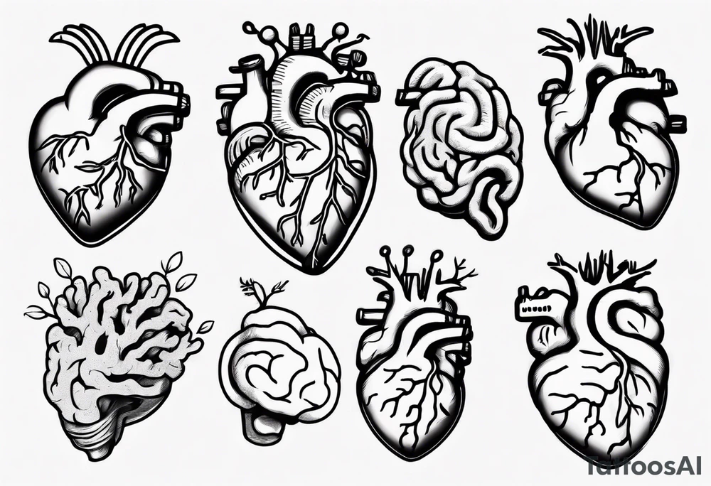 Anatomical heart and anatomical brain in simple line work tattoo idea