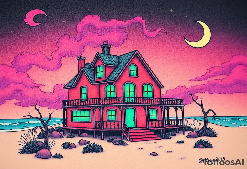 Tim Burton’s haunted pastel beach home is abandoned and dripping with muted reds, dusty pinks, and eerie green glow.purple and cyan smokey clouds swirl in the crescent moonlit sky thats sprinkled with stars tattoo idea tattoo idea