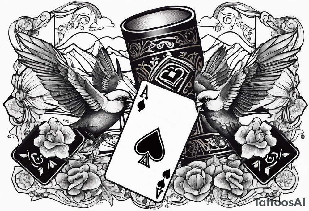 wild west sleeve with playing cards, dice, and birds tattoo idea