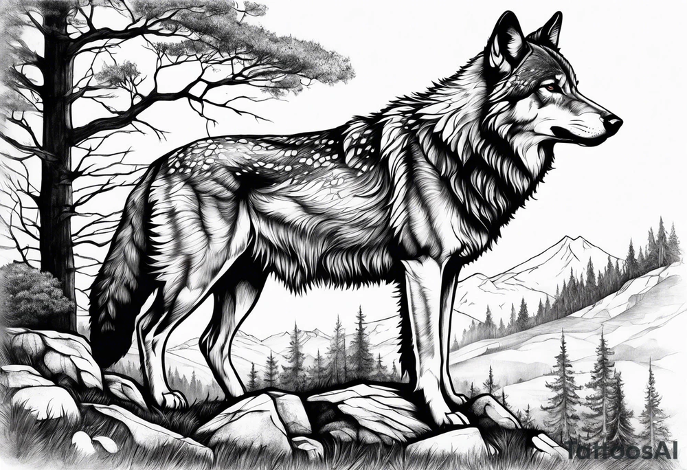 landscape with wolf and stag tattoo idea
