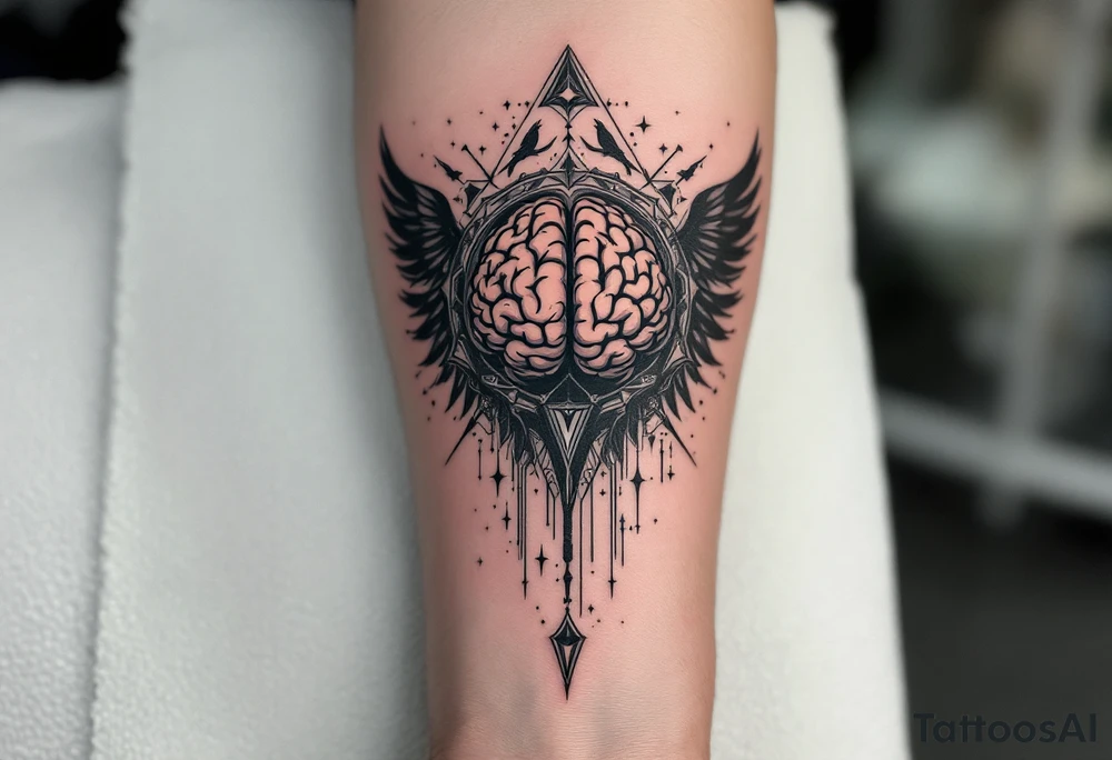 Tattoo inspired in the gifted brain, with few watercolor details but mostly black, symbols representing intelligence, creativity and dreaming flying arround, the phrase "It begins with a dream", and raven wings behind tattoo idea