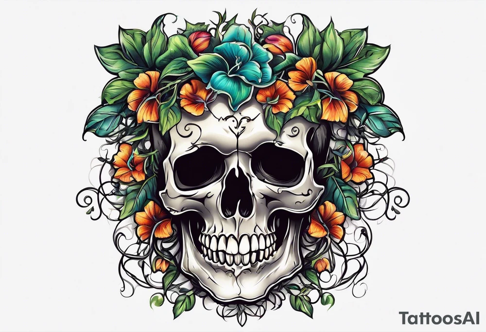 skull with vines growing out of its head tattoo idea