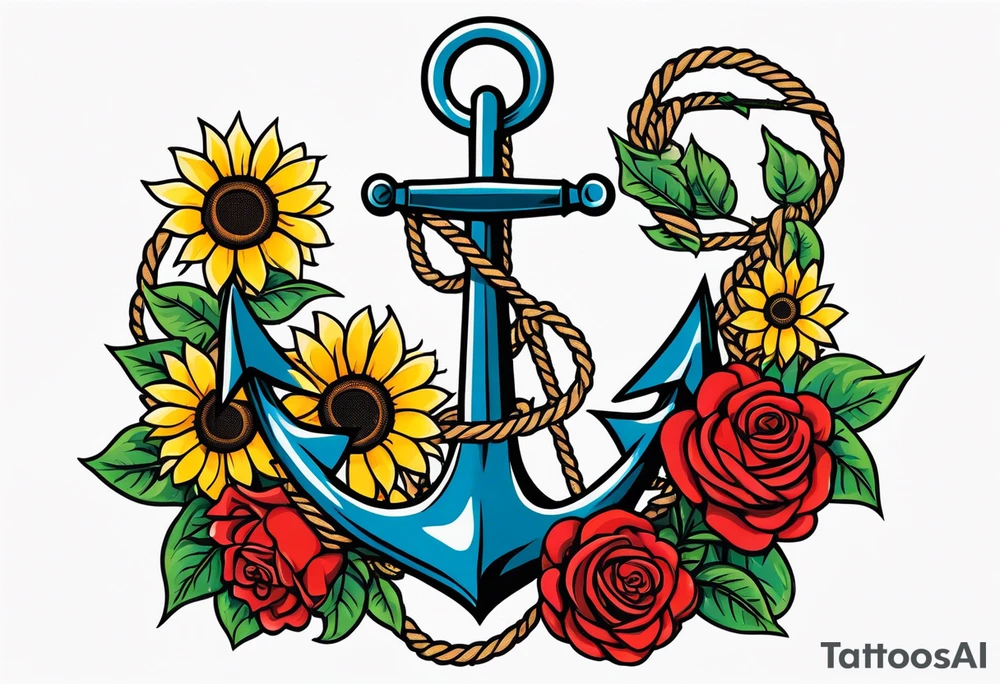 Anchor, wrapped in rope, with sunflowers and red roses 
throughout, thigh tattoo tattoo idea