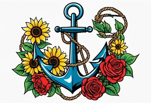 Anchor, wrapped in rope, with sunflowers and red roses 
throughout, thigh tattoo tattoo idea