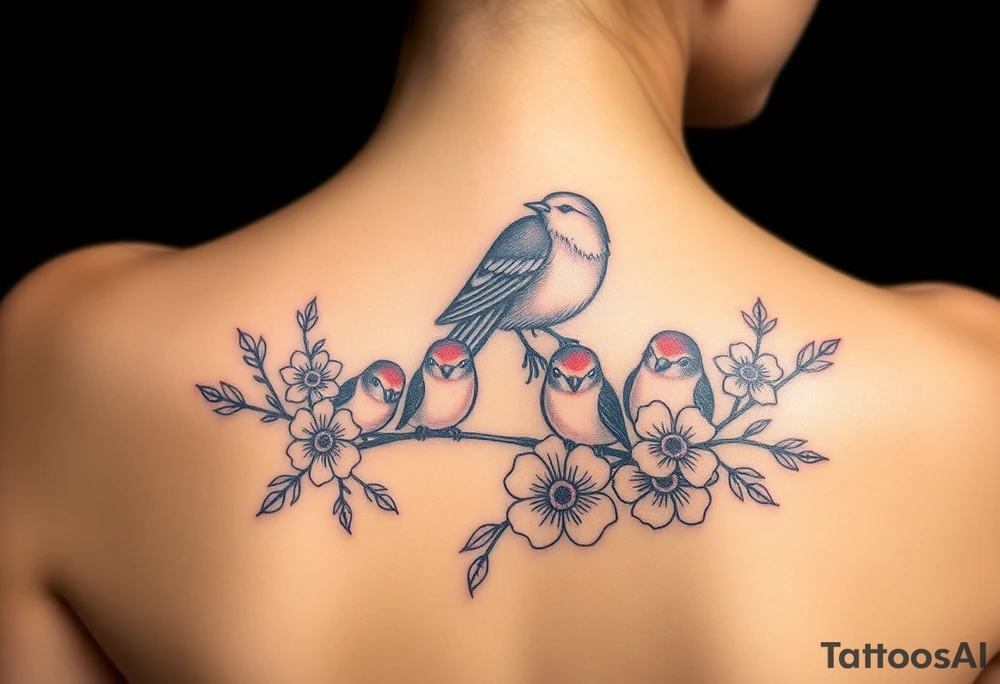 Mom bird and three baby birds with flowers tattoo idea