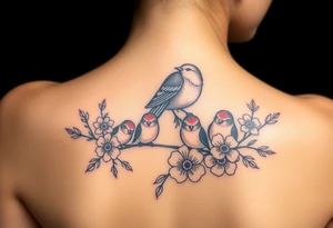 Mom bird and three baby birds with flowers tattoo idea