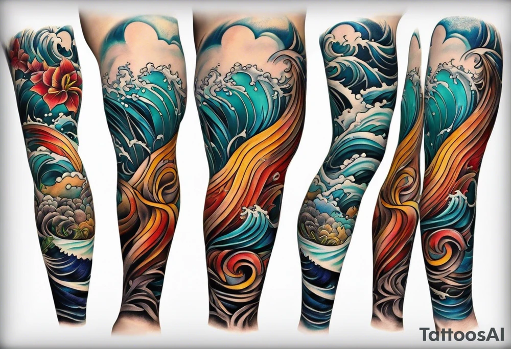 lower leg sleeve with ocean waves tattoo idea