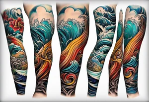 lower leg sleeve with ocean waves tattoo idea