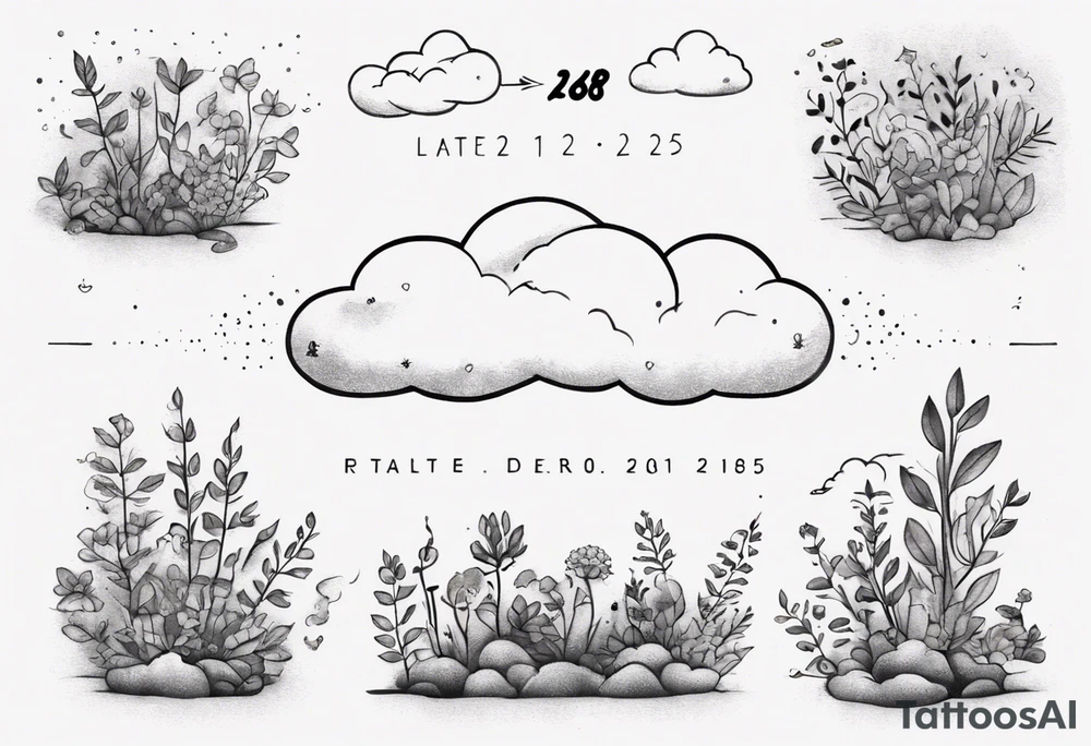 a forearm tattoo with a cloud with little plants and underneath it the date 12.08.05 tattoo idea