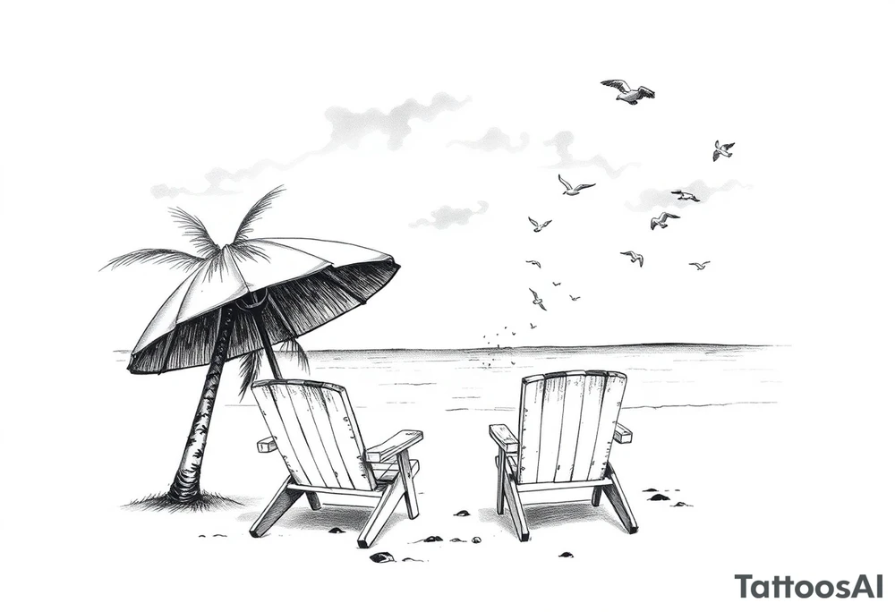 Beach scene with 2 chairs and umbrella and palm tree with bird silhouettes in the sky tattoo idea