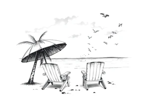 Beach scene with 2 chairs and umbrella and palm tree with bird silhouettes in the sky tattoo idea