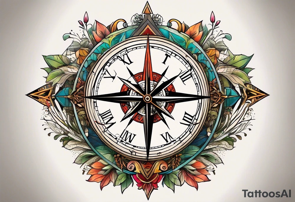 half compass half clock with arrow in the middle; nature on one side, cityscape on one side tattoo idea