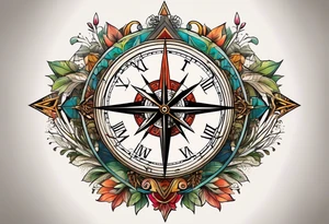 half compass half clock with arrow in the middle; nature on one side, cityscape on one side tattoo idea