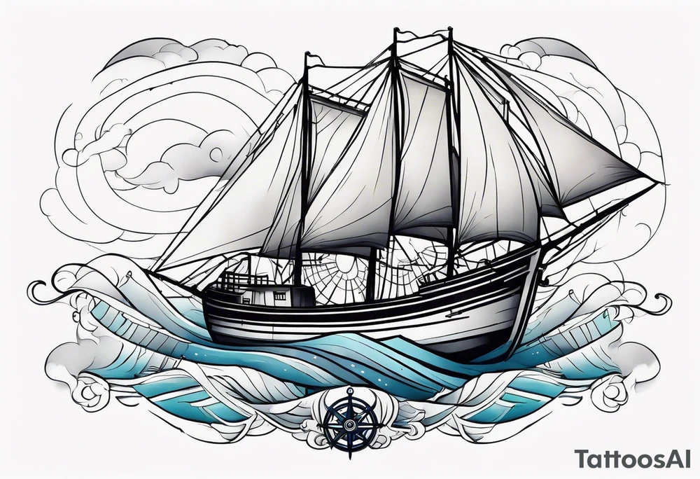 Oturning ships that looks like a compass rose wheel in a storm. Full leg tat tattoo idea