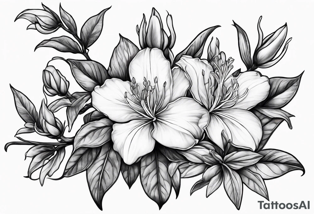 5-petal azaleas with buds along a long branch tattoo idea