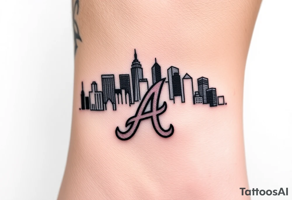 3D layered Atlanta skyline with Atlanta Braves letter logo tattoo idea