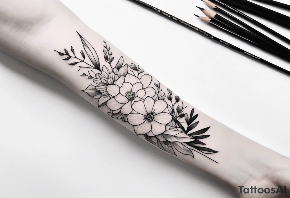 Verticle arm wrap of soft flowers and leaves forearm tattoo idea