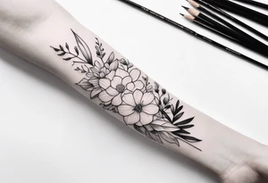 Verticle arm wrap of soft flowers and leaves forearm tattoo idea