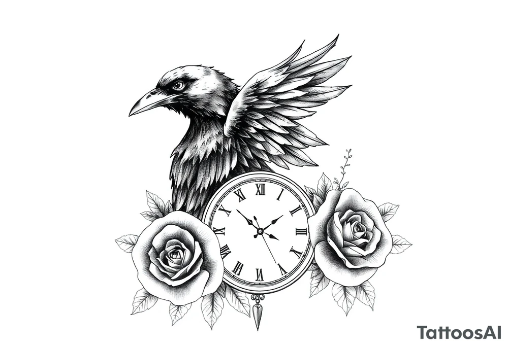 raven,roses,clock. tattoo idea